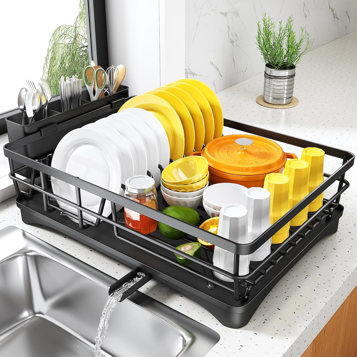 Large-capacity black stainless steel sink dish drying rack